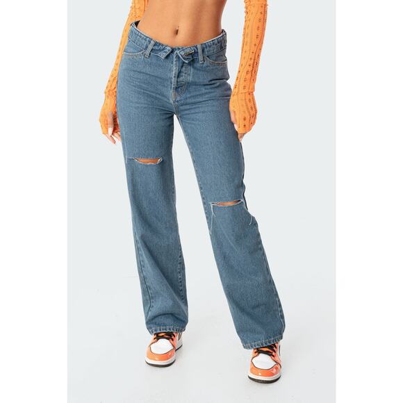 Edikted Raquel Folded Low-Rise Button Fly Jeans NEW XS - Picture 1 of 13